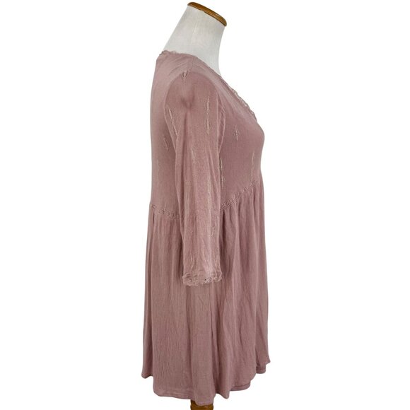 Blue Rain Embroidered Mauve Pink Lace Trim Babydoll Mini Dress S | Coquette Boho - Picture 5 of 16